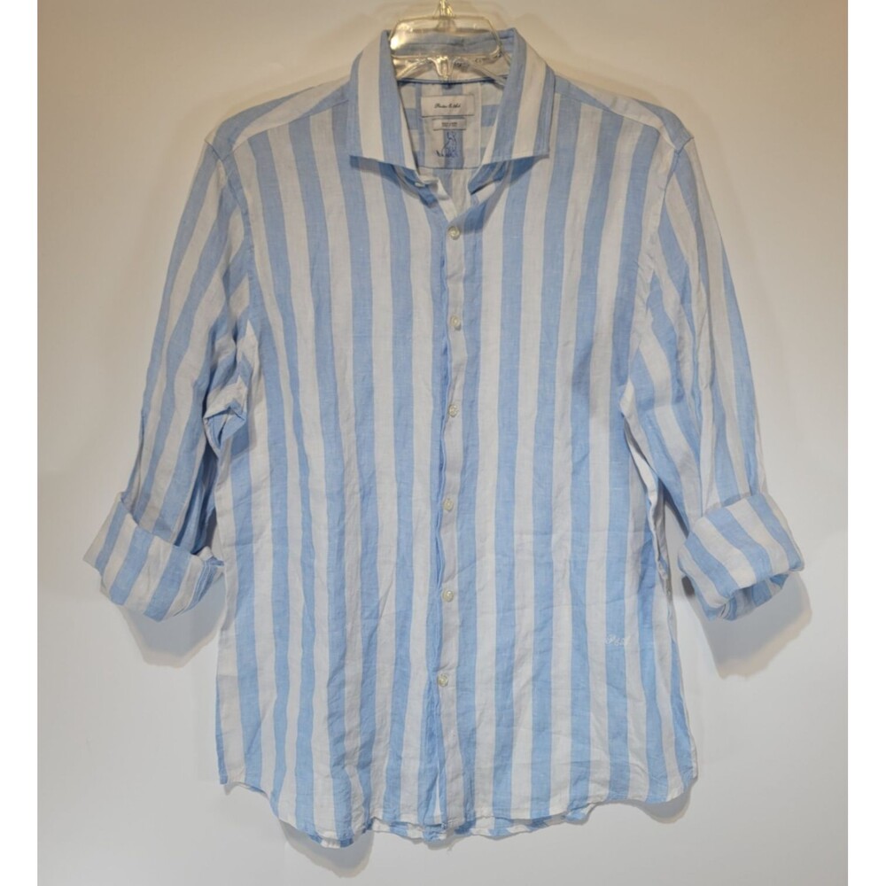 Porter & Ash Men's 100% Linen Striped Button Up Shirt Blue White Size XL